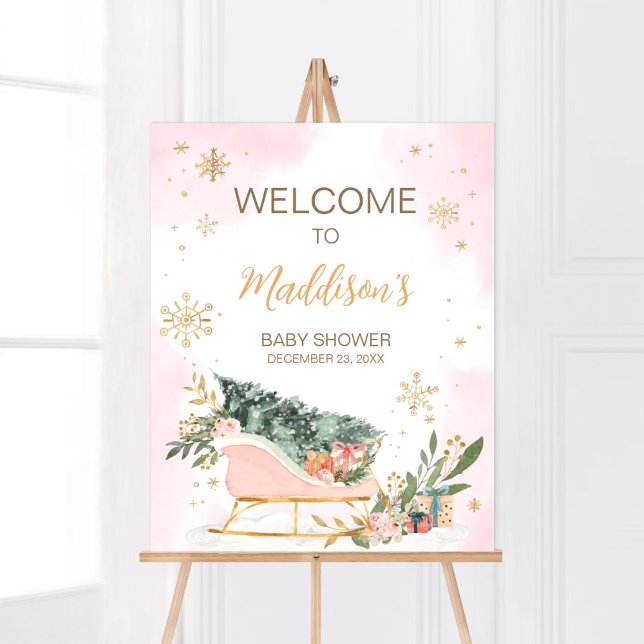Winter Pink Gold Schneeflocke Willkommen Poster (Pink Sleigh Baby Shower Welcome Sign)