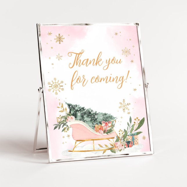 Winter Pink Gold Snowflake Danke, dass du gekommen Poster (Pink Sleigh Baby Shower Thank You for Coming Sign)