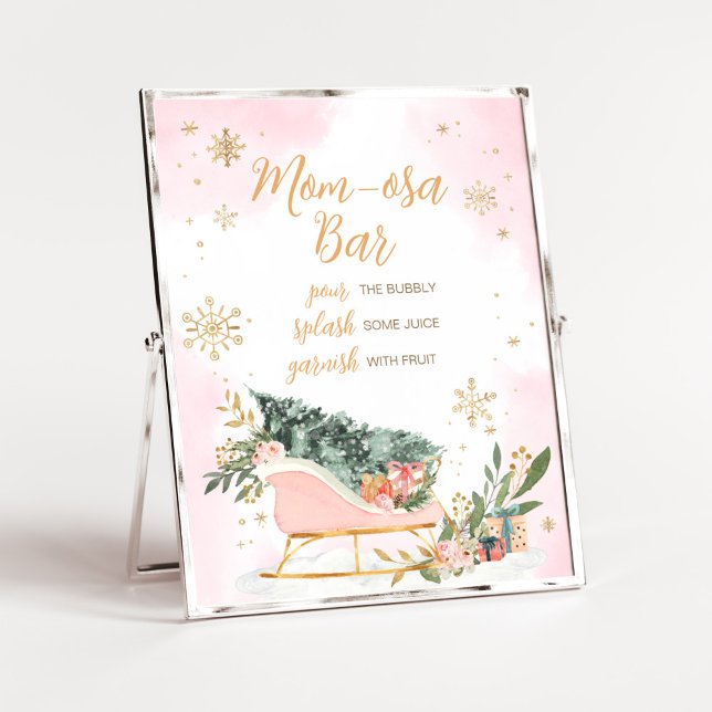 Winter Pink Gold Snowflake Mama Osa Bar Poster (Pink Sleigh Baby Shower Mom Osa Bar Sign)