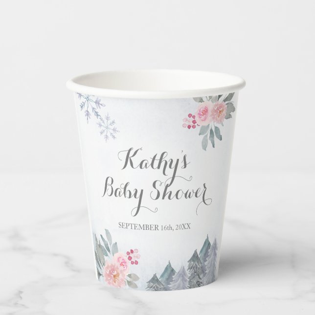 Winter Pink Pine Trees Baby Dusche Pappbecher (Vorderseite)