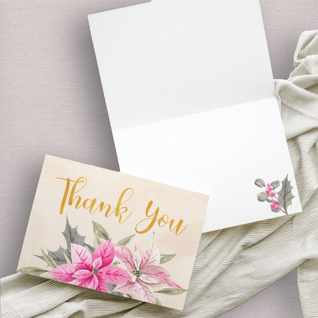 Winter Pink Poinsettia Goldkalligrafie Dankeskarte (Pink and gold poinsettia thank you card)