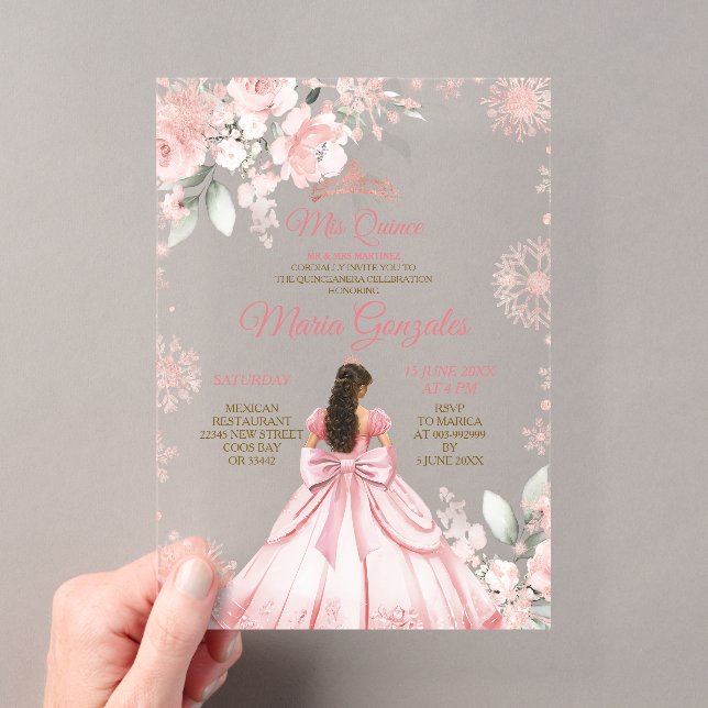 Winter Pink Rose Gold Blumenprinzessin Mis Quince Acryleinladungen (Insitu (Handheld))