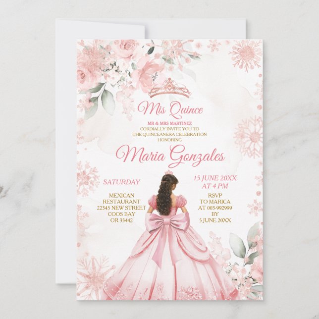 Winter Pink Rose Gold Blumenprinzessin Mis Quince Einladung (Vorderseite)