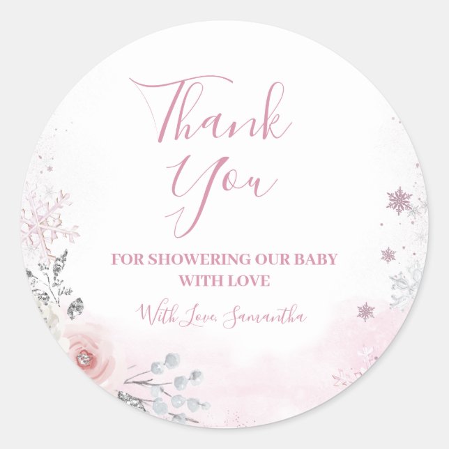 Winter Pink Schneeflocke Schlitten Baby Shower Dan Runder Aufkleber (Vorderseite)