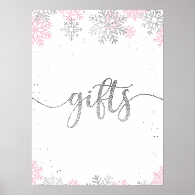 Winter Pink Silver Snowflakes Geschenke Poster (Vorne)