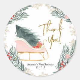 Winter Pink Sleigh Girl Geburtstag Danke Sticker