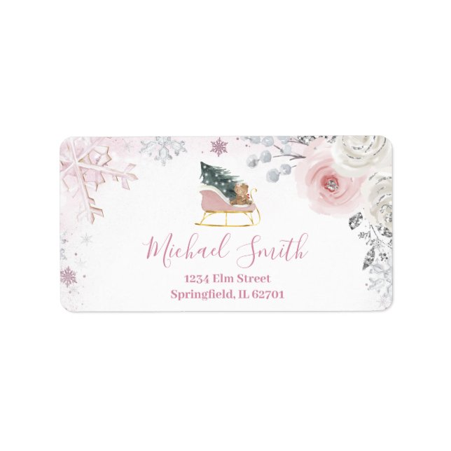 Winter Pink Snowflake Sleigh Baby Shower Address Adressaufkleber (Vorne)