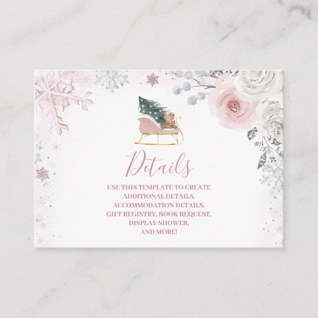 Winter Pink Snowflake Sleigh Baby Shower Details Begleitkarte (Vorderseite)