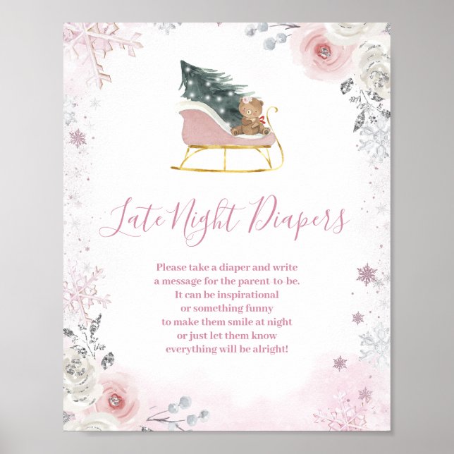 Winter Pink Snowflake Sleigh Late Night Diapers Poster (Vorne)