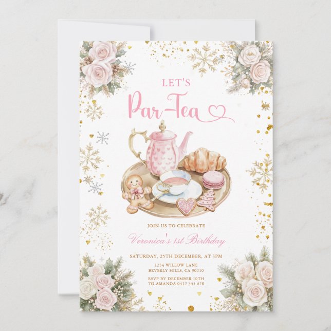 Winter Pink Tea Party Birthday Snowflakes Einladung (Vorderseite)