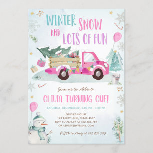 Winter Pink Truck Snow Fun Girl Erster Geburtstag Einladung