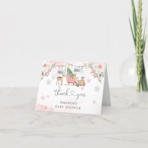 Winter Pink Woodland Animals Girl Baby Dusche Dankeskarte