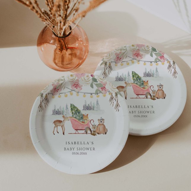 Winter Pink Woodland Animals Girl Baby Dusche Pappteller (Von Creator hochgeladen)