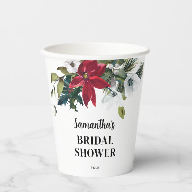 Winter Poinsettia Brautparty Pappbecher (Vorderseite)
