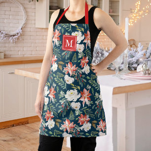 Winter Poinsettia Floral Pattern Marine Monogram Schürze