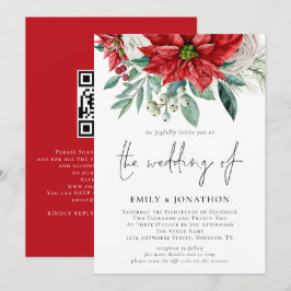 Winter Poinsettia Florals Foliage QR Code Hochzeit Einladung
