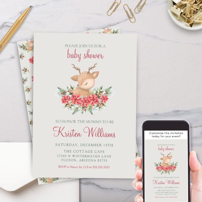 Winter Poinsettia Niedliche Hirschbaby-Dusche Einladung (Beige green and red gender neutral little deer christmas winter theme baby shower invitations)