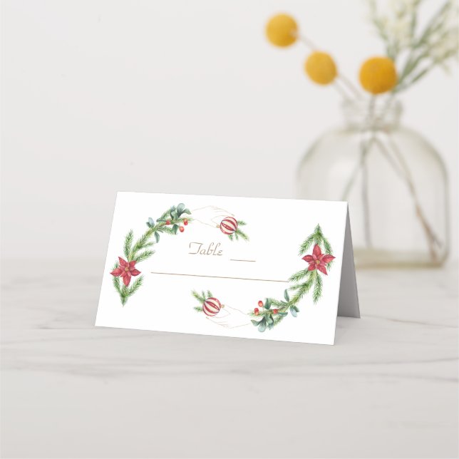 Winter Poinsettia Pine Berry Weihnachtsfeier Platzkarte (Vorderseite)