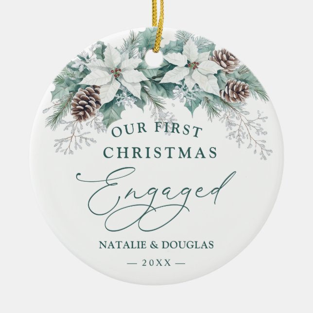 Winter Poinsettia Pine Unser Verlobtes Weihnachtsf Keramik Ornament (Vorne)