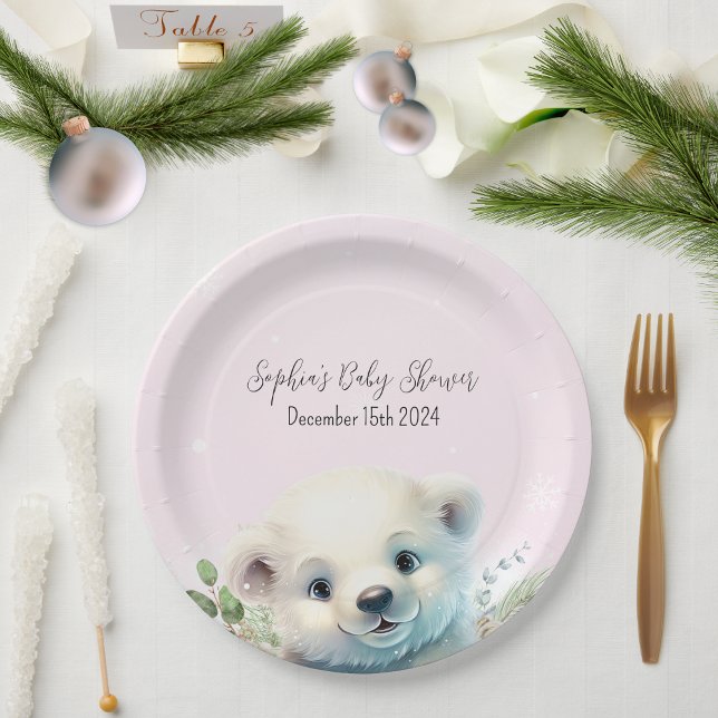 Winter-Polar-Bär kalt Außenbereich Rosa Babydusche Pappteller (Pink Polar Bear Winter Baby Shower Paper Plate)