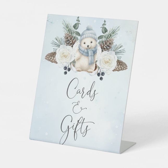 Winter Polar Bärenjunge Babyduschkarten und Gesche Sockelschild (Vorderseite)