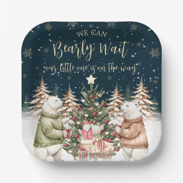 Winter Polar Bear Snowflake Babydusche Pappteller (Vorderseite)