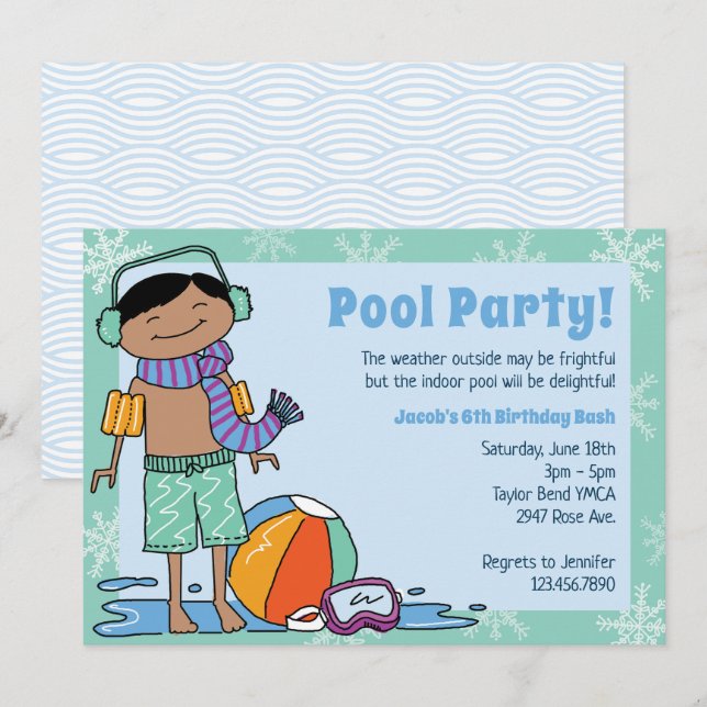 Winter Pool Party Black Hair Boy Innenschwimmbad Einladung (Vorne/Hinten)