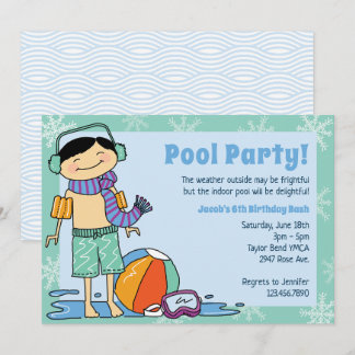 Winter Pool Party Black Hair Boy Innenschwimmbad Einladung