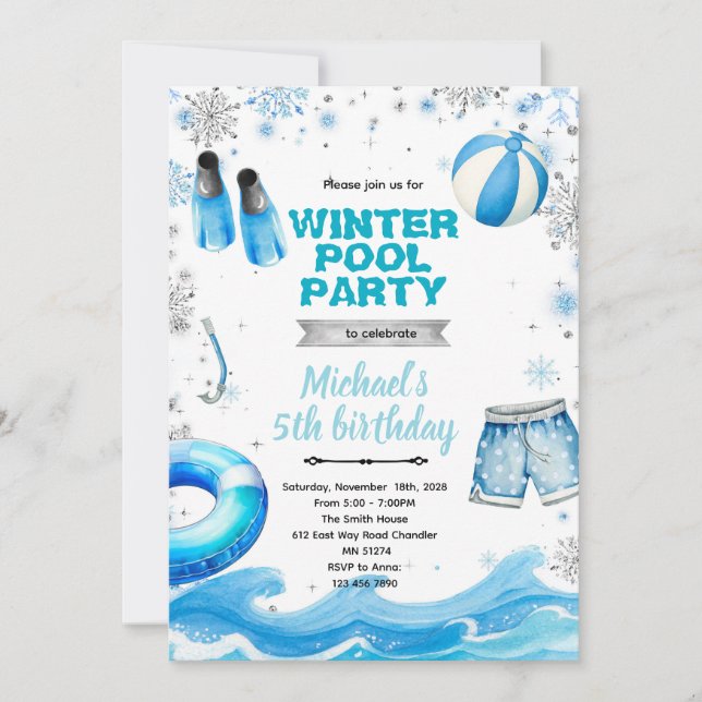 Winter pool party theme invitation einladung (Vorderseite)
