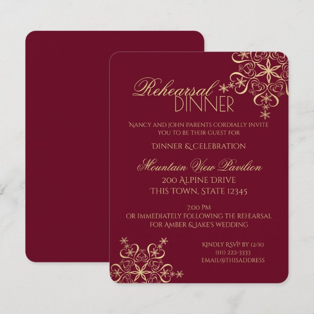 Winter Probe Dinner Gold Snowflake Einladung (Vorne/Hinten)