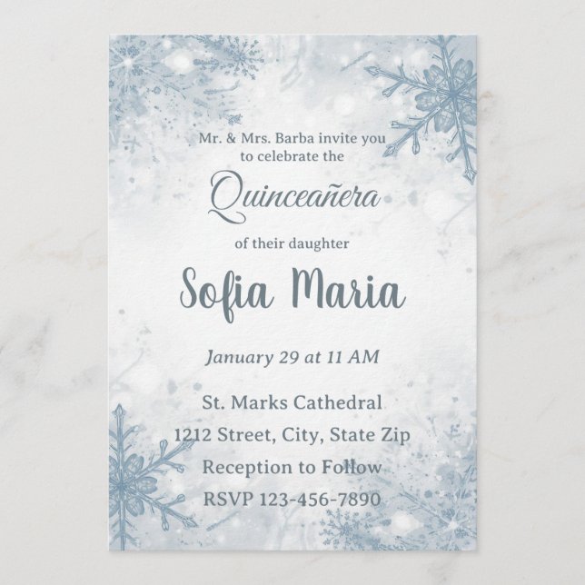 Winter Quinceañera Invitation – Snowflakes, Silver Einladung (Vorderseite)