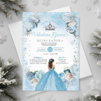 Winter Quinceñera Snowflakes Dusty Blue Crown Einladung