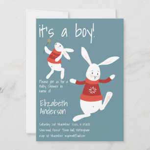 Winter Rabbit Baby Shows Boys Red Blue Modern Einladung