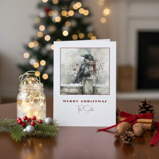 Winter Raven Crow Christmas Card with Cozy Scarf Feiertagskarte