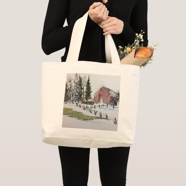 Winter Red Barn Tote Tasche Tinte mit Aquarellfarb (Vorderseite (Produkt))
