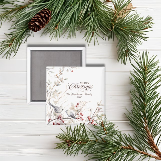 Winter Red Berries Birds Frohe Weihnachten Magnet (Von Creator hochgeladen)