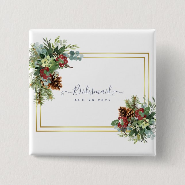 Winter Red Berries Pine Cones Wedding Button (Vorderseite)