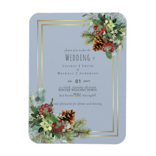 Winter Red Berries Pine Cones Wedding Magnet