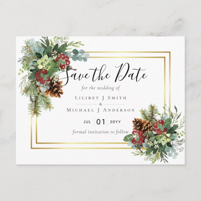Winter Red Berries Pine Cones Wedding Postkarte (Vorderseite)
