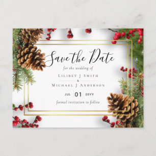 Winter Red Berries Pine Cones Wedding Postkarte