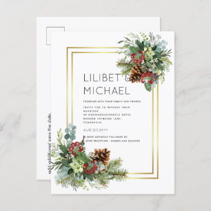 Winter Red Berries Pine Cones Wedding Postkarte