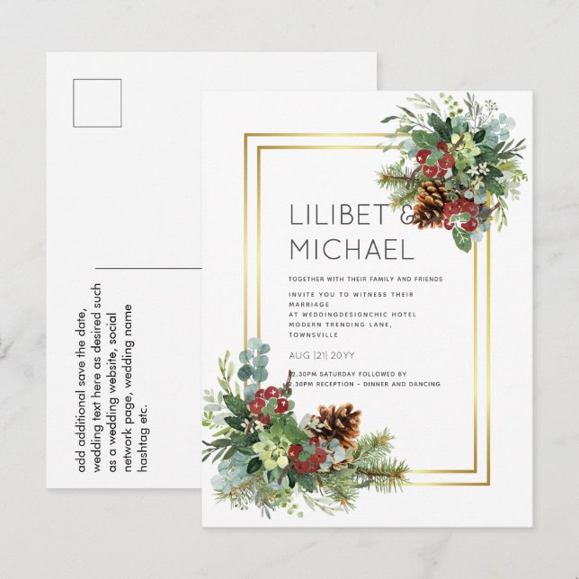 Winter Red Berries Pine Cones Wedding Postkarte (Vorne/Hinten)