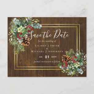 Winter Red Berries Pine Cones Wedding Postkarte