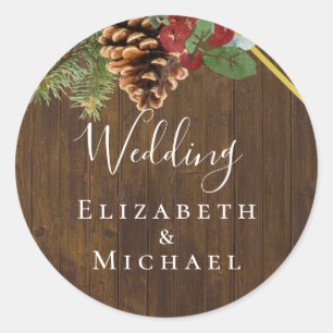 Winter Red Berries Pine Cones Wedding Runder Aufkleber