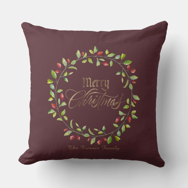 Winter Red Berries Wreath Gold Frohe Weihnachten Kissen (Vorderseite)