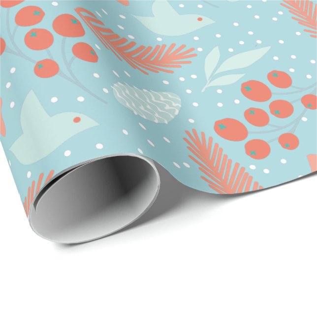 Winter Red Berry Blue Bird Blues Weihnachten Geschenkpapier (Rolleneckpunkt)