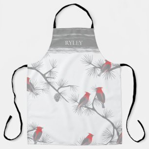 Winter Red Birds on Gray Branches Pattern Monogram Schürze