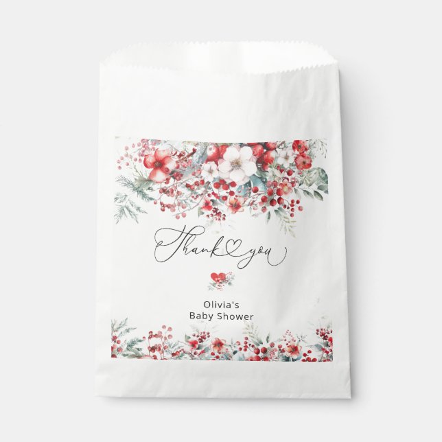 Winter Red Floral Foliage Baby Dusche Vielen Dank Geschenktütchen (Vorderseite)