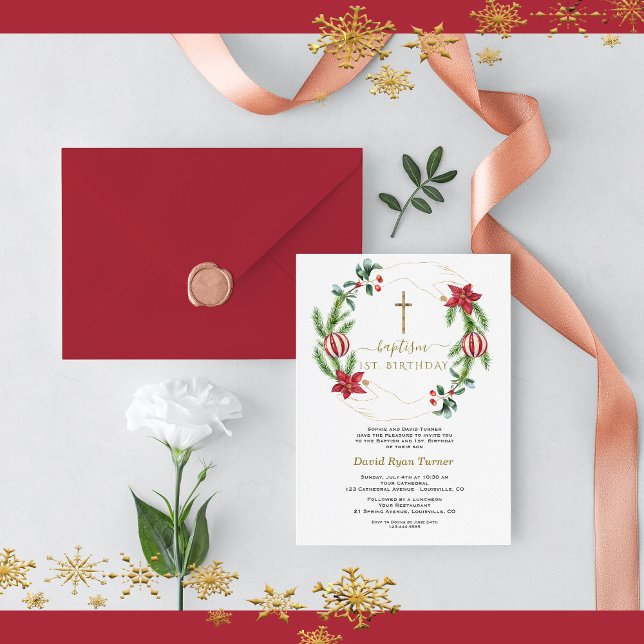 Winter Red Floral Green Gold Erste Heilige Kommune Einladung (christmas baptism 1st birthday invitation, winter holidays baptism invitation)