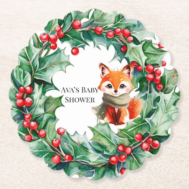 Winter Red Fox Green und Berries Baby Dusche Untersetzer (Vorderseite)